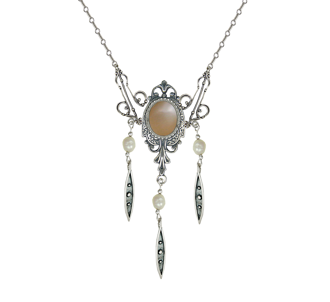 Sterling Silver Victorian Necklace With Peach Moonstone